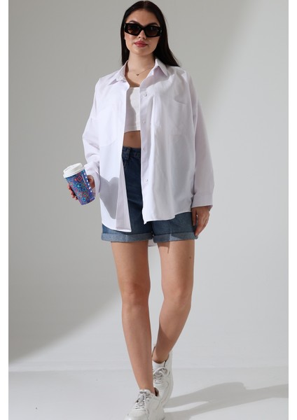 Kadın Gömlek Poplin Kumaş Çift Cepli Kadın Tunik Büyük Beyaz Beden Gömlek