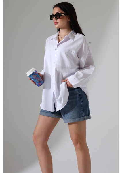 Kadın Gömlek Poplin Kumaş Çift Cepli Kadın Tunik Büyük Beyaz Beden Gömlek indirimleri