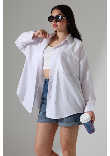 Kadın Gömlek Poplin Kumaş Çift Cepli Kadın Tunik Büyük Beyaz Beden Gömlek