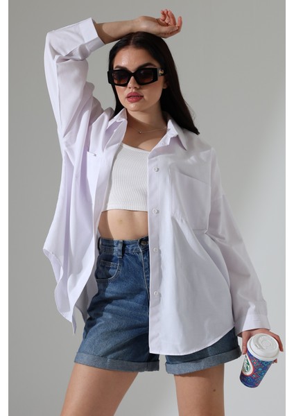 Kadın Gömlek Poplin Kumaş Çift Cepli Kadın Tunik Büyük Beyaz Beden Gömlek