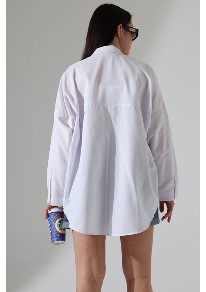 Kadın Gömlek Poplin Kumaş Çift Cepli Kadın Tunik Büyük Beyaz Beden Gömlek