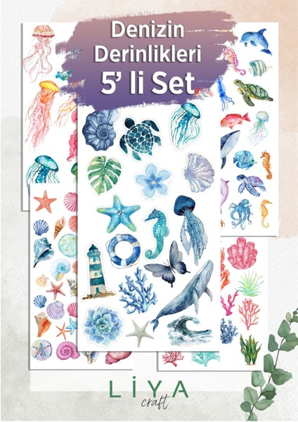 5'li Denizin Derinilkleri Sticker Set Planner Ajanda Bullet Journal Için Uygun Set