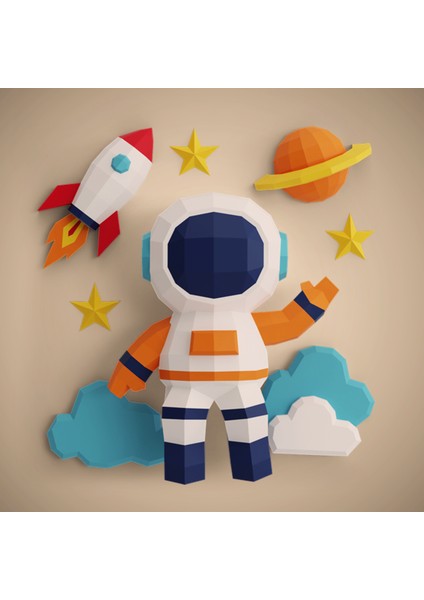 Astronot Temalı 3D Kağıt Duvar Dekoru | Erkek Çocuk Odası Için Papercraft Maket | Uzay Konseptli Duvar Süsü