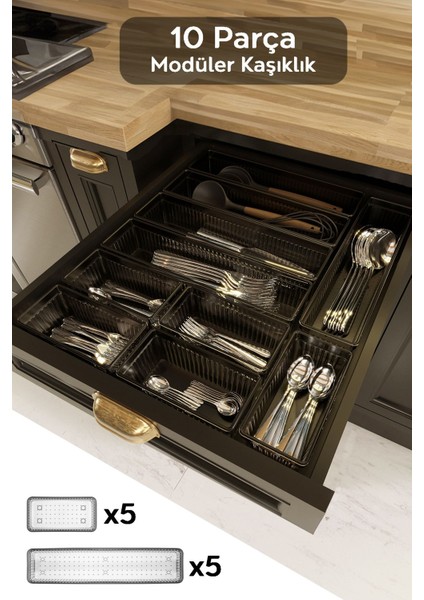 10'lu Modüler Çekmece Düzenleyici Seti, Antrasit Renk, Çatal, Kaşık, Bıçak Organizatörü