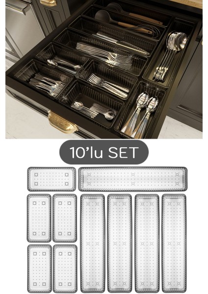 10'lu Modüler Çekmece Düzenleyici Seti, Antrasit Renk, Çatal, Kaşık, Bıçak Organizatörü fiyatları