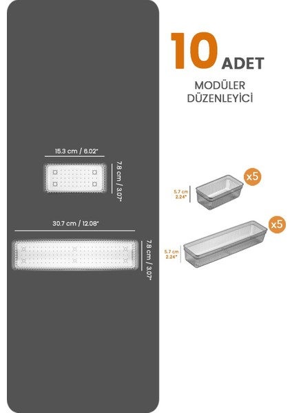 10'lu Modüler Çekmece Düzenleyici Seti, Antrasit Renk, Çatal, Kaşık, Bıçak Organizatörü modelleri
