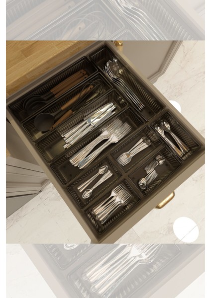 10'lu Modüler Çekmece Düzenleyici Seti, Antrasit Renk, Çatal, Kaşık, Bıçak Organizatörü indirimleri