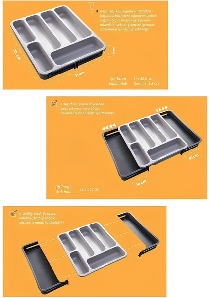 Çift Taraflı Ayarlanabilir Çekmece Organizer, Uzayabilen Kaşıklık ve Bıçaklık fırsatları