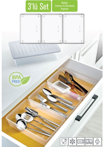 Beyaz 3'lü Modüler Mutfak Kaşıklık Seti, Çekmece Içi Düzenleyici ve Organizer