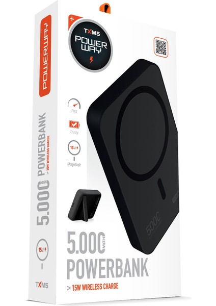 5.000 Mah Pd 15W Magsafe Kablosuz Wireless Taşınabilir Şarj Cihazı Siyah Powerbank Txm5