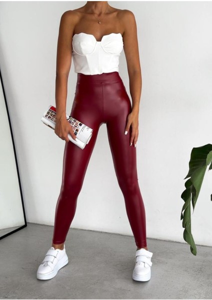 Kadın Yüksek Bel Deri Görünümlü Bilek Boy Dar Paça Tayt AYD0001