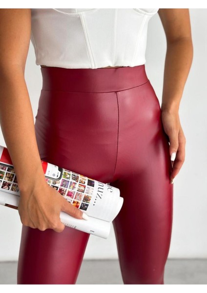 Kadın Yüksek Bel Deri Görünümlü Bilek Boy Dar Paça Tayt AYD0001 modelleri