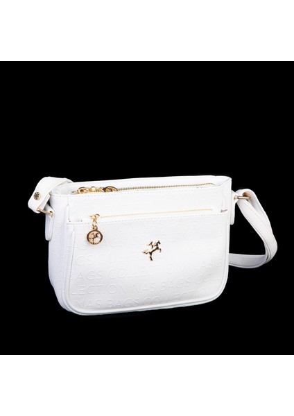 Kadın Çapraz Çanta Ayarlanabilir Askı Bölmeli Iç Dizayn Beyaz Gofraj