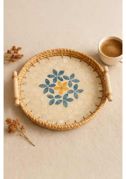 El Yapımı Sedefli Rattan Servis Tepsisi Bohem Şık Masa Sunum Ürünü 30 cm