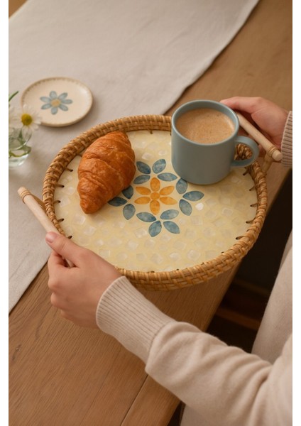 El Yapımı Sedefli Rattan Servis Tepsisi Bohem Şık Masa Sunum Ürünü 30 cm fiyatları