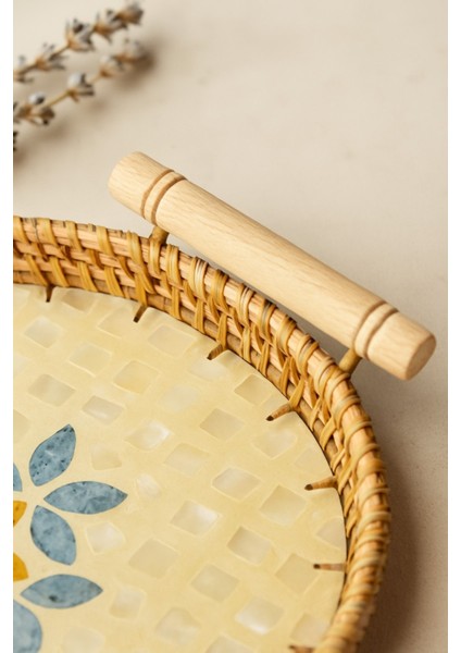 El Yapımı Sedefli Rattan Servis Tepsisi Bohem Şık Masa Sunum Ürünü 30 cm modelleri
