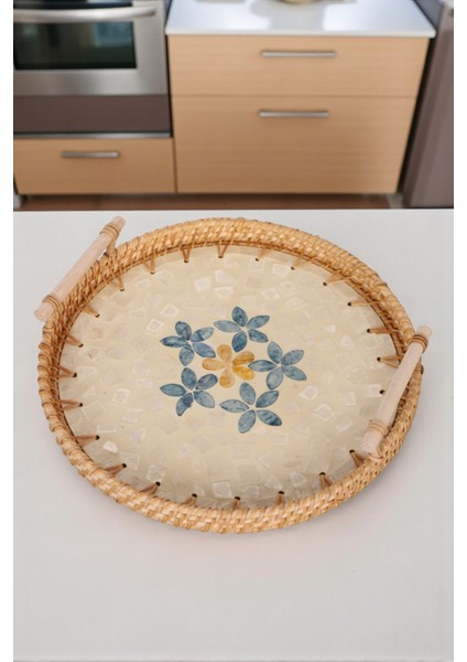 El Yapımı Sedefli Rattan Servis Tepsisi Bohem Şık Masa Sunum Ürünü 30 cm fırsatları