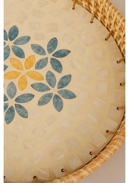 El Yapımı Sedefli Rattan Servis Tepsisi Bohem Şık Masa Sunum Ürünü 30 cm indirimleri