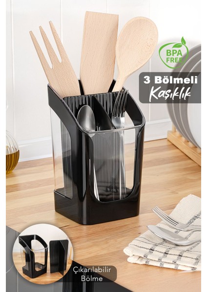 3 Bölmeli Tezgah Üstü Kaşıklık, Çıkarılabilir Bölmeli Bıçak ve Kaşık Standı