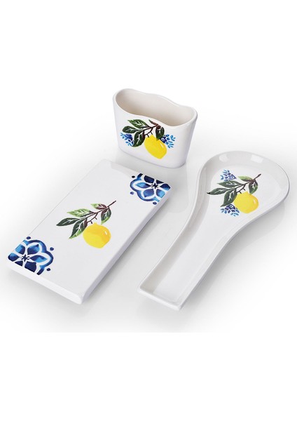 3’lü Mutfak Seti Limon Desenli Kaşıklık, Kaşık Altlığı, Süngerlik ve Yağdanlık Altı fiyatları