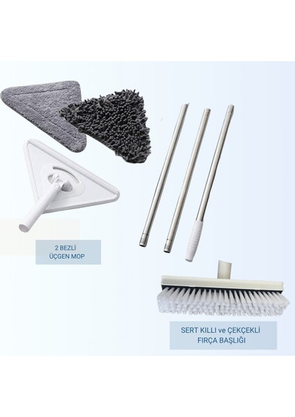 Üçgen Mop ve Sert Kıllı Fırça Başlık Seti – 2 Bezli Mop ve Çekçekli Fırça Başlık 2'li Set