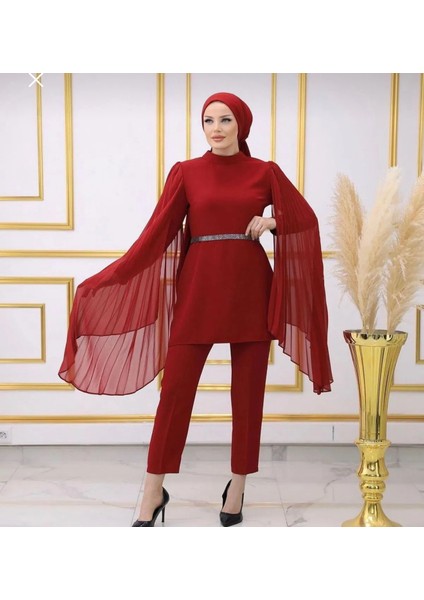 Tesettür Abiye Lüks Kemerli Abiye Takım Pantolon Tunik Taşlı Kemer