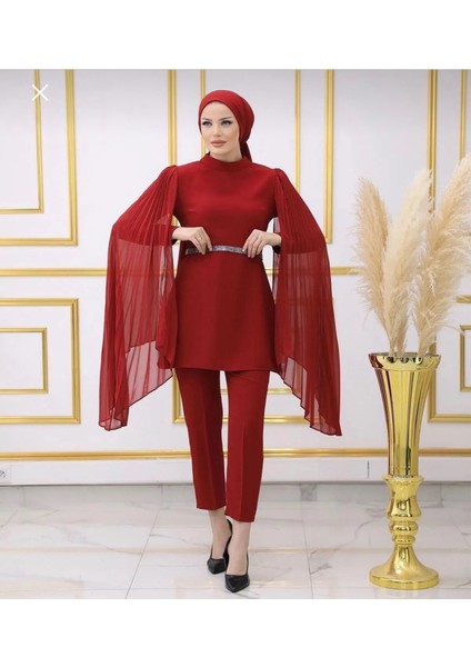 Tesettür Abiye Lüks Kemerli Abiye Takım Pantolon Tunik Taşlı Kemer fiyatları