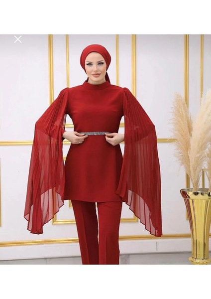 Tesettür Abiye Lüks Kemerli Abiye Takım Pantolon Tunik Taşlı Kemer modelleri