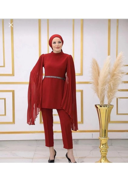 Tesettür Abiye Lüks Kemerli Abiye Takım Pantolon Tunik Taşlı Kemer fırsatları