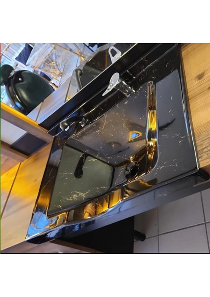 Dökme Akrilik Berber Lavabosu Siyah Gümüş Desenli 73X52 cm modelleri