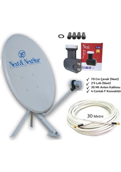 70CM Çanak Anten Seti+30 mt Anten Kablosu+2'li Next Lnb+4 Contalı F Konnektör, Fullhd 3D 4K