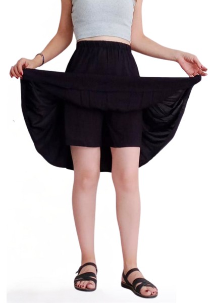 Siyah Viskon Kumaş Midi Boy Şort Etek