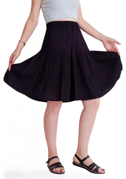 Siyah Viskon Kumaş Midi Boy Şort Etek modelleri