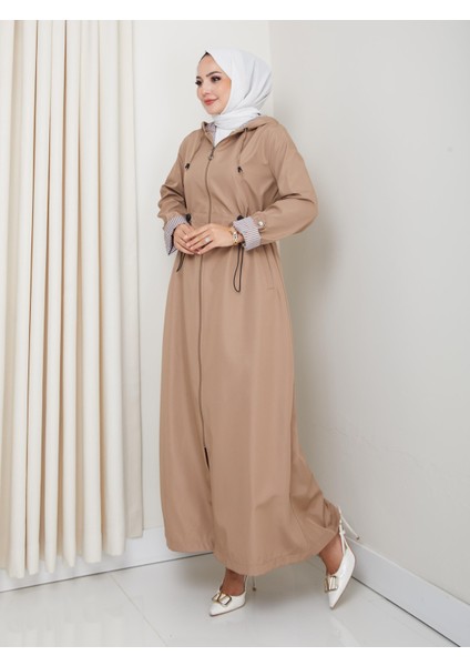 Kadın Kapüşonlu Çizgi Detaylı Vizon Bondit Kap fırsatları