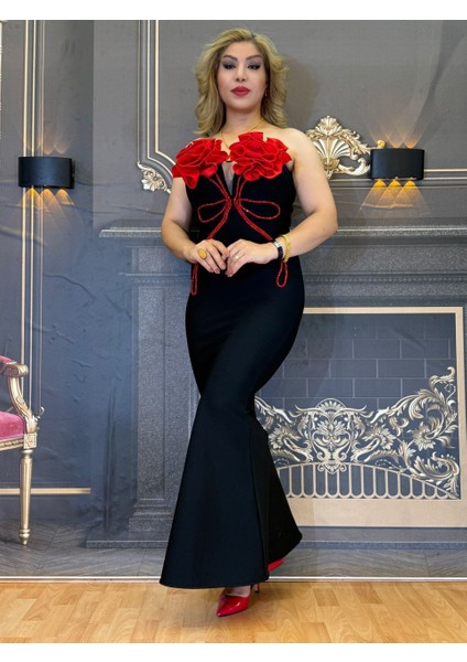 Abiye Elbise,kolsuz,kadın Siyah Kırmızı Çiçek Detaylı Uzun Straplez Gül Detaylı Balık Form Şık Gece