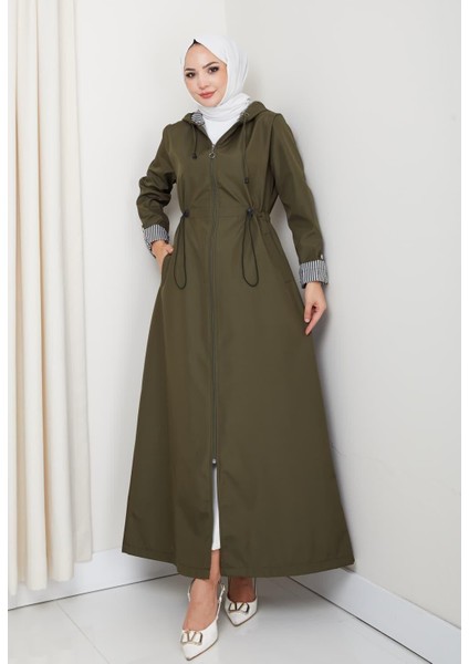 Kadın Kapüşonlu Çizgi Detaylı Haki Bondit Kap