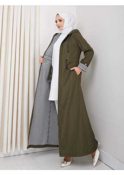 Kadın Kapüşonlu Çizgi Detaylı Haki Bondit Kap fiyatları