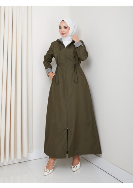 Kadın Kapüşonlu Çizgi Detaylı Haki Bondit Kap modelleri