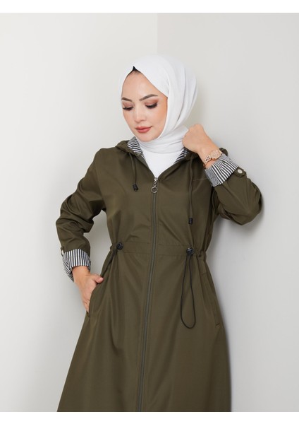 Kadın Kapüşonlu Çizgi Detaylı Haki Bondit Kap fırsatları