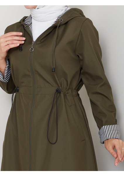 Kadın Kapüşonlu Çizgi Detaylı Haki Bondit Kap indirimleri