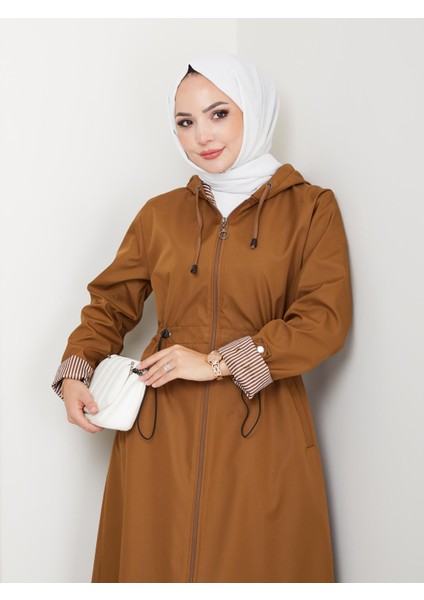 Kadın Kapüşonlu Çizgi Detaylı Taba Bondit Kap indirimleri