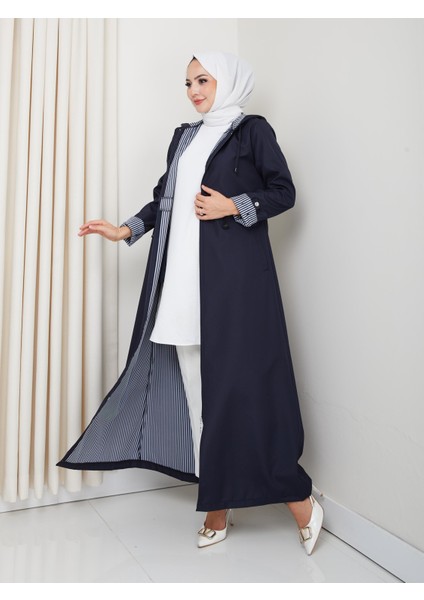 Kadın Kapüşonlu Çizgi Detaylı Lacivert Bondit Kap modelleri