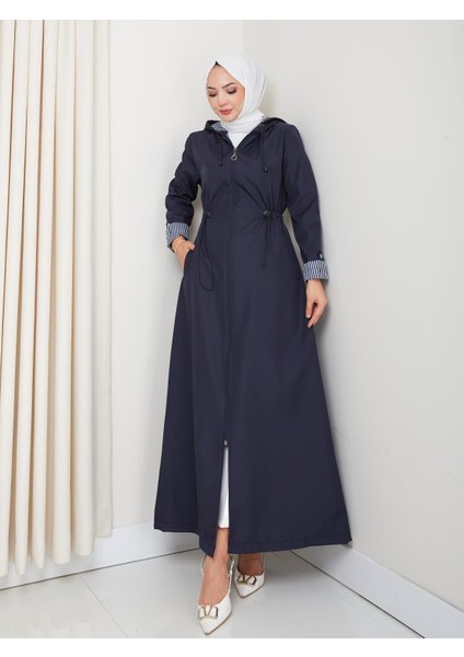 Kadın Kapüşonlu Çizgi Detaylı Lacivert Bondit Kap