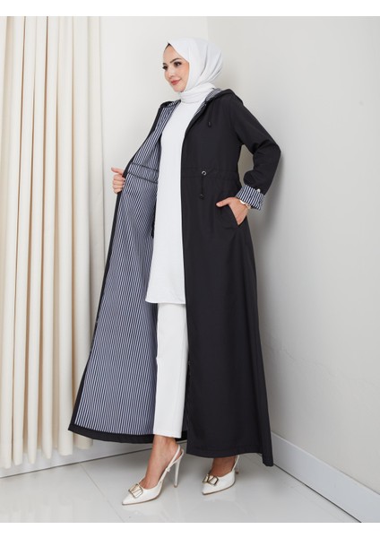 Kadın Kapüşonlu Çizgi Detaylı Siyah Bondit Kap fiyatları