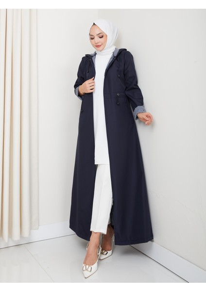 Kadın Kapüşonlu Çizgi Detaylı Lacivert Bondit Kap fırsatları