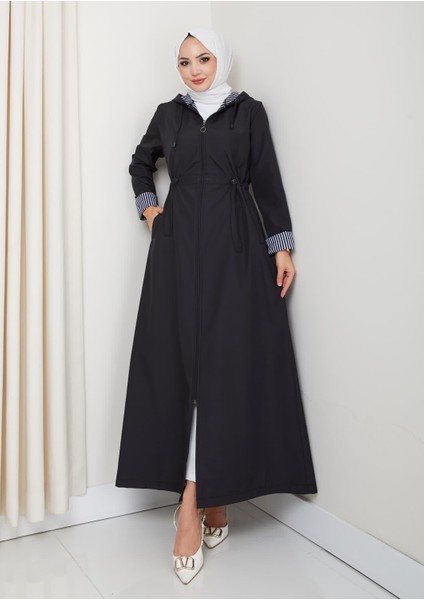 Kadın Kapüşonlu Çizgi Detaylı Siyah Bondit Kap