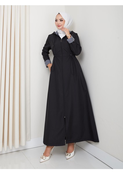 Kadın Kapüşonlu Çizgi Detaylı Siyah Bondit Kap fırsatları