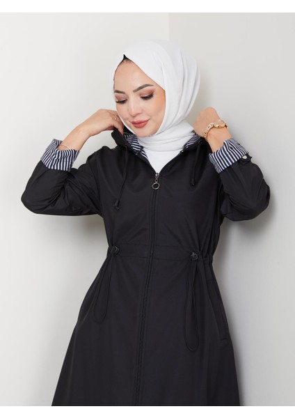 Kadın Kapüşonlu Çizgi Detaylı Siyah Bondit Kap indirimleri