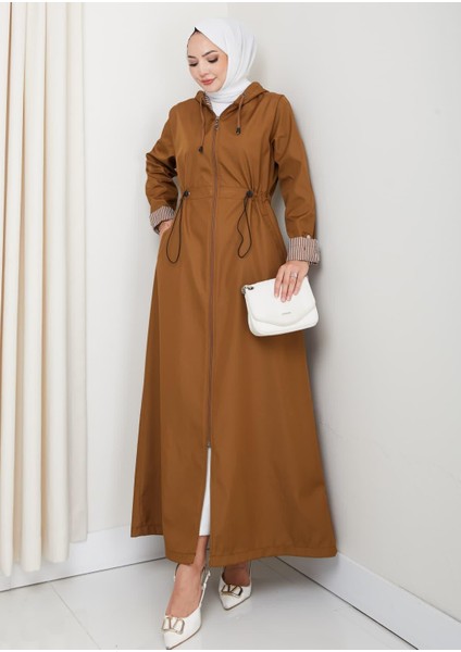 Kadın Kapüşonlu Çizgi Detaylı Taba Bondit Kap