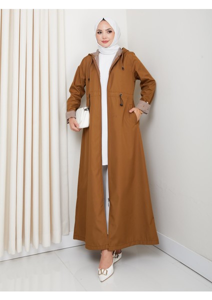 Kadın Kapüşonlu Çizgi Detaylı Taba Bondit Kap fırsatları